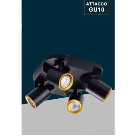Trade Shop - Plafoniera 4 Diffusori Orientabile Soffitto Parete Lampada Gu10 Bianco Nero Th8805 - Negro