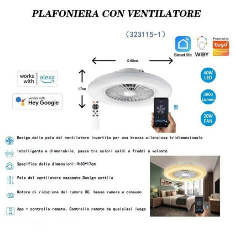 TRADE SHOP - Plafoniera Con Ventilatore Dimmerabile 40w Silensioso App Telecomando 323115-1 -