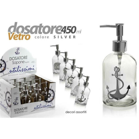 TRADE SHOP - Porta Sapone Liquido Dosatore Silver 450ml 8x18 Cm Vetro Decori Assortiti 775680 -