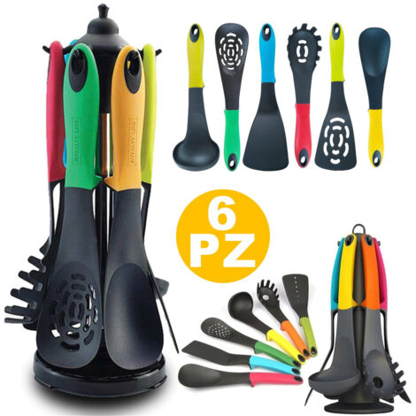 Trade Shop - Porta Utensili Da Cucina Con Mestoli 6 Pezzi Sestiglia Spatola Spaghetti -