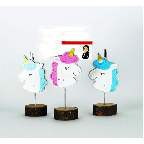 Trade Shop - Portafoto Unicorno Colorato 3 Pz. Base Legno Design Segnaposto Bomboniera Festa -