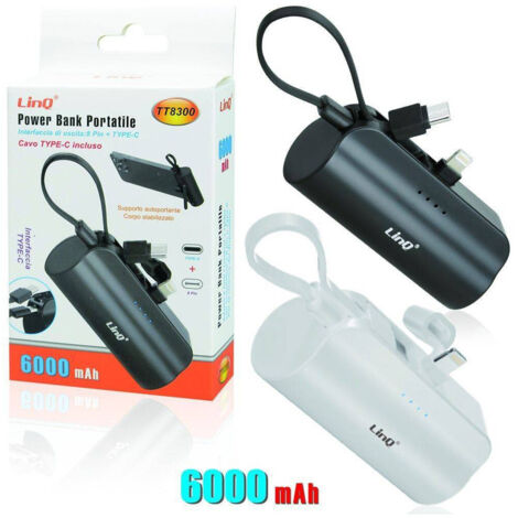 Trade Shop - POWERBANK BATTERIA PORTATILE 6000MAH 2 USCITE LIGHTNING 8PIN + CAVO TYPE-C TT8300 -