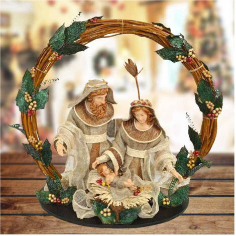 Trade Shop - Presepe Nativita' Con Corona Legno Agrifoglio Altezza 49cm Decorazioni Natalizie -