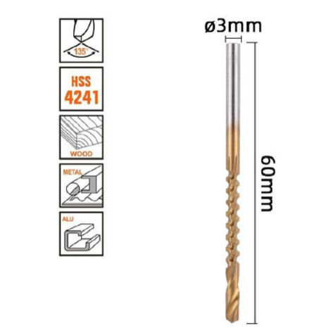 TRADE SHOP - Punta Trapano Elicoidale ø 3mmx60mm In Titanio Hss 4241 Per Metallo Legno 57147 -