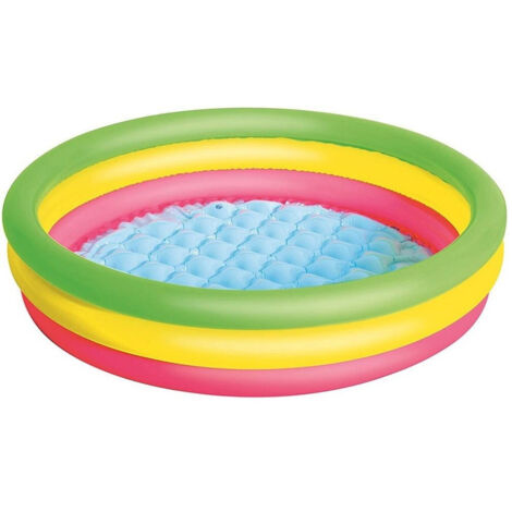 Trade Shop - REGENBOGENFARBENES 3-RING-SOMMERPOOL MIT AUFBLASBAREM BODEN 102X25 CM 51104 -
