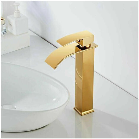 TRADE SHOP - Rubinetto Alto Da Bagno Design Moderno A Cascata Miscelatore Monocomando Dorato -