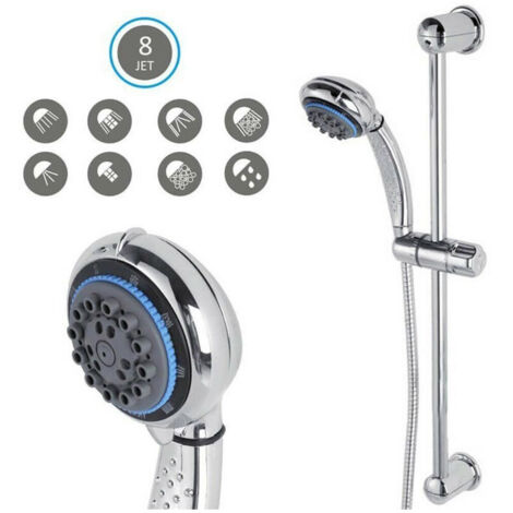 TRADE SHOP - Saliscendi Con Soffione Doccia 8 Funzioni Getti Asta 60 Cm Cromato Bagno Vasca -