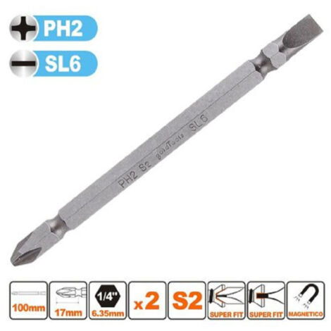 Trade Shop - SATZ 2 STÜCK 100MM DOPPELBITS PH2 + SL6 BIT S2 MAGNETBIT 57244 -