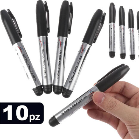 Trade Shop - Set 10 Pennarelli Marker Colore Nero Indelebile Per Vetro Metallo Scuola Ufficio -