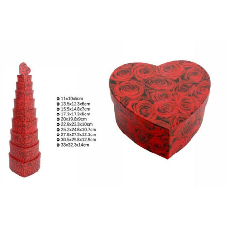 TRADE SHOP - Set 10 Pz Scatole Box Regali Varie Misure Matrioska Forma Cuore Rose Rosse 71967 -