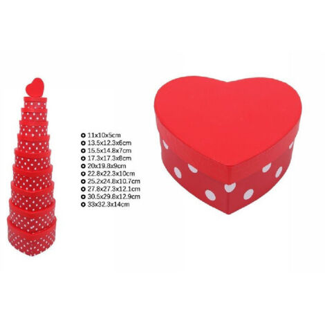 TRADE SHOP - Set 10 Pz Scatole Box Regali Varie Misure Matrioska Forma Cuore Rosso Pois 71953 -