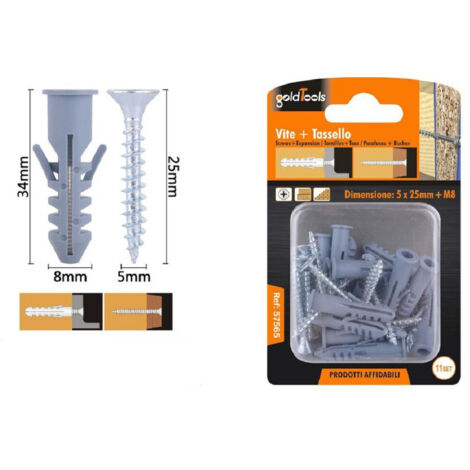 Trade Shop - Set 11pz Viti Vite Croce 5x25mm + Tasselli Con Alette Tassello M8 Fischer 57565 -