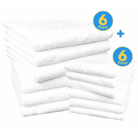 TRADE SHOP - Set 12 Asciugami Bagno Viso Ospite 6 + 6 Per Hotel Albergo Pa Bianco 100% Cotone -