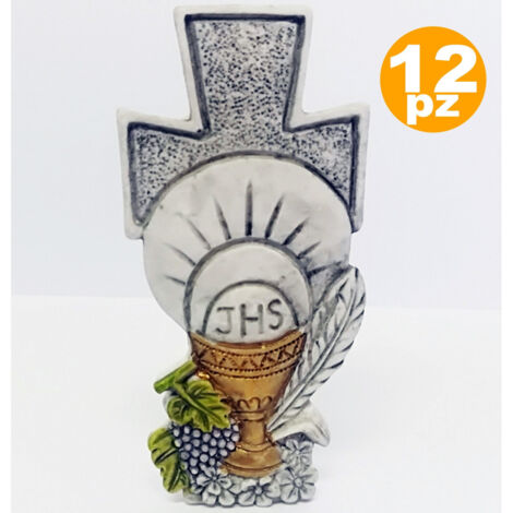 Trade Shop - Set 12 Bomboniere Croce Comunione Eucarestia Calice Bianco Ceramica Soprammobile -