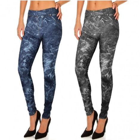 Trade Shop - Set 2 Denim-Stil Leggings mod. Alisha mit Blumenbeschaffenheit und Taschen - XL-XXL