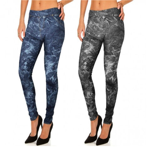 TRADE SHOP - Set 2 Leggings Stile Denim Mod. Alisya Con Trama Floreale E Tasche - M-L