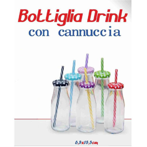 Trade Shop - Set 2 Pezzi Bottiglia Con Tappo Colorato Fantasia Bambini Cannuccia Bibite Drink -