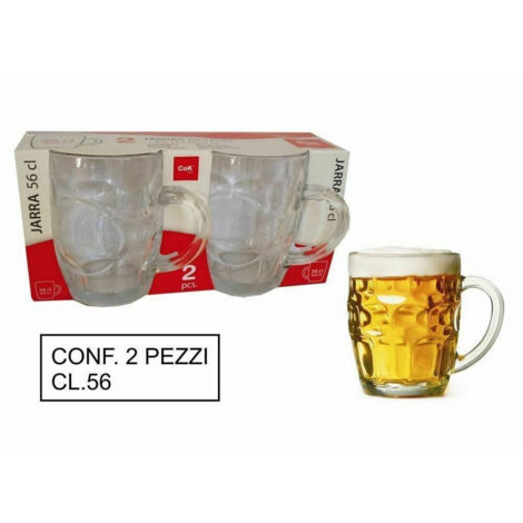 TRADE SHOP - Set 2 Pezzi Brocca Bicchieri Boccali Birra In Vetro Classico 56 Cl Con Manico -