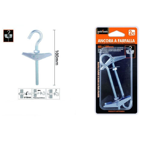 TRADE SHOP - Set 2 Pz Ancora A Farfalla Con Gancio Acciaio Con Dado Rondella M5x100 Mm 57229 -