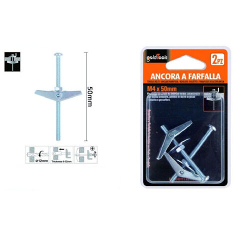 TRADE SHOP - Set 2 Pz Ancora A Farfalla In Acciaio Con Dado E Rondella Tassello M4x50mm 57224 -