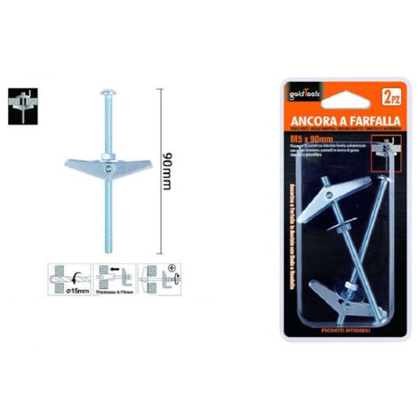 Trade Shop - Set 2 Pz Ancora A Farfalla In Acciaio Con Dado E Rondella Tassello M5x90mm 57227 -