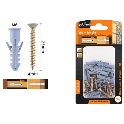TRADE SHOP - Set 24 Pezzi Viti Vite 4 X 25 Mm + Tasselli Con Alette Tassello M6 Fischer 57204 -