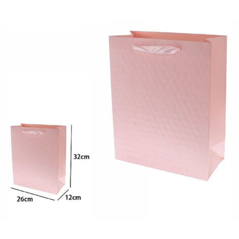 Trade Shop - Set 2pz Borse Buste Regalo Shopper Rosa Goffrata Manico Tessuto 32x26x12cm 69930 -