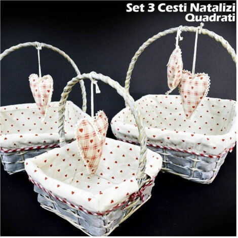 TRADE SHOP - Set 3 Cestini Natalizi Quadrati In Vimini E Tessuto Diametro 38/33/28 Cm Grigio -