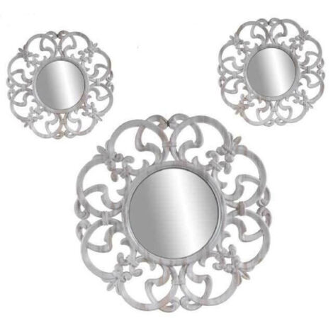 Trade Shop - Set 3 Espejos Decorativos De Pared De Plástico Blanco Envejecido 25-35cm 836886 -