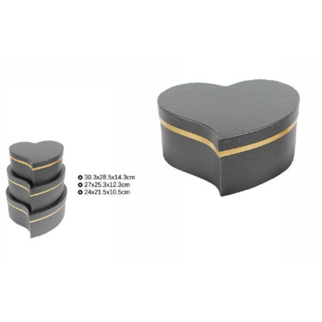 Trade Shop - Set 3 Pcs Cajas Regalo Varios Tamaños Matryoshka Forma Corazón Torcido Negro 71932 -