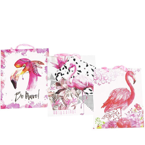 TRADE SHOP - Set 3 Pezzi Busta Buste Piccola Fenicottero Regalo 23x18x8 Cm Sacchetti Festa -