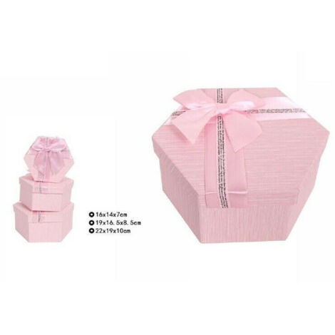 Trade Shop - Set 3 Pezzi Scatole Box Per Regali Varie Misure Esagonali Rosa Con Fiocco 69351 -
