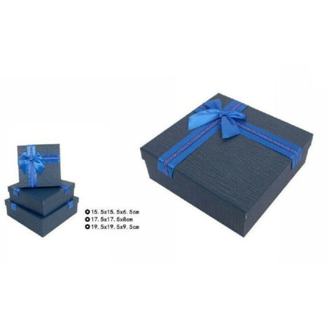 Trade Shop - Set 3 Pezzi Scatole Box Per Regali Varie Misure Quadrate Blu Con Fiocco 69347 -