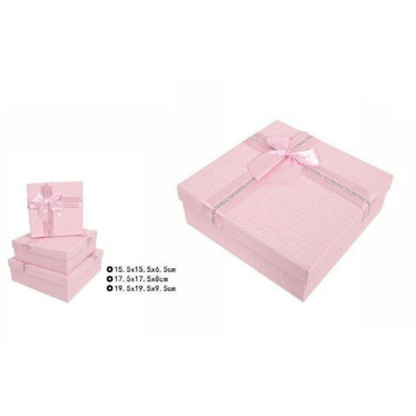 TRADE SHOP - Set 3 Pezzi Scatole Box Per Regali Varie Misure Quadrate Rosa Con Fiocco 69346 -