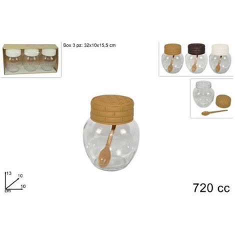 Trade Shop - Set 3 Pz Barattoli In Vetro 720cc Con Coperchio Cucchiaino Contenitori 720150 -