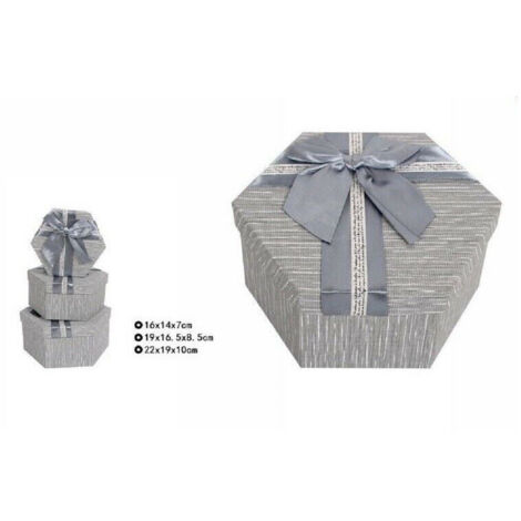 Trade Shop - Set 3 Pz Scatole Box Per Regali Varie Misure Esagonali Grigia Con Fiocco 69354 -