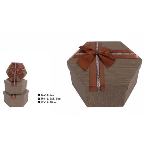 TRADE SHOP - Set 3 Pz Scatole Box Per Regali Varie Misure Esagonali Marrone Con Fiocco 69353 -