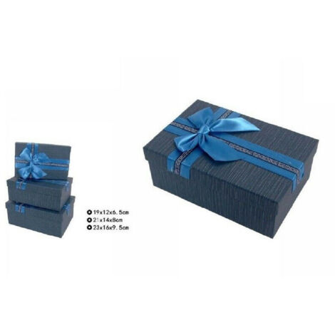 TRADE SHOP - Set 3 Pz. Scatole Box Per Regali Varie Misure Rettangolari Blu Con Fiocco 69332 -