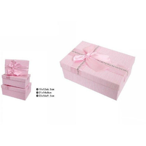 Trade Shop - Set 3 Pz Scatole Box Per Regali Varie Misure Rettangolari Rosa Con Fiocco 69331 -