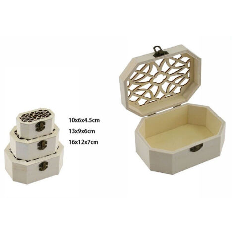 Trade Shop - Set 3 Pz Scatole Legno Decoupage Portagioie Ottagonale Scatola Cofanetto 74009a -