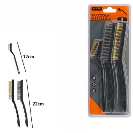 Trade Shop - Set 3 Pz Spazzola Metalliche Per Ferro Metallo 2 Lunghe 22cm 1 Corta 12cm 07056 -