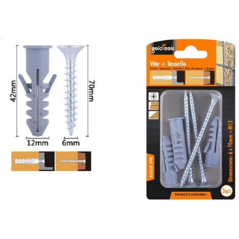 Trade Shop - Set 3 Pz Viti Vite Croce 6x70mm + Tasselli Con Alette Tassello M12 Fischer 57574 -