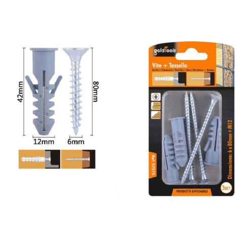 Trade Shop - Set 3 Pz Viti Vite Croce 6x80mm + Tasselli Con Alette Tassello M12 Fischer 57575 -