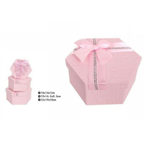 Trade Shop - SET 3 STÜCK GESCHENKBOXEN VERSCHIEDENE GRÖSSEN SECHSECKIG ROSA MIT SCHLEIFE 69351 -