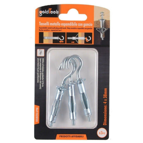 TRADE SHOP - Set 3 Tasselli Metallo Espandibile Gancio Viti A Espansione Stile C 4x38mm 92858 -