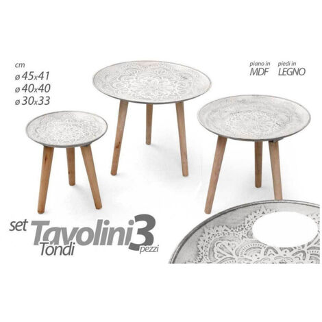 TRADE SHOP - Set 3 Tavolini Piedi In Legno Salotto Giardino Decorati ø45-40-30cm Tondi 783951 -