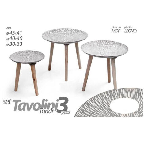 TRADE SHOP - Set 3 Tavolini Tavolo Mdf Piedi Legno Salotto Giardino ø45-40-30cm Tondi 783944 -