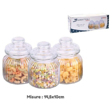 Trade Shop - Set 3 Tris Barattoli Con Coperchio Vetro 14.5x10cm Cucina Pasta Biscotti 710916 -