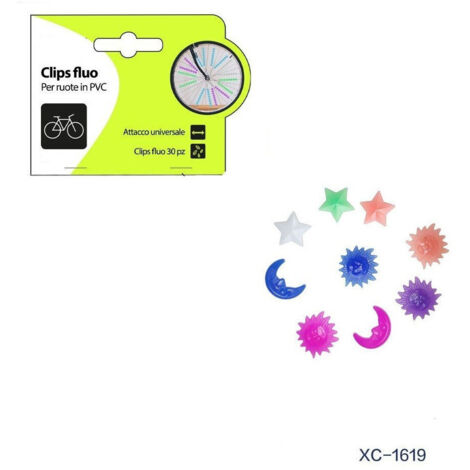 TRADE SHOP - Set 30pz Clips Fluo Colorate Stelle Luna Sole In Pvc Per Raggi Ruote Bici Xc-1619 -