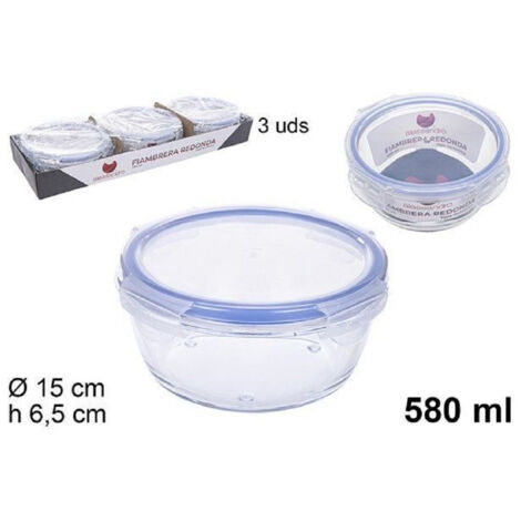 TRADE SHOP - Set 3pz Contenitori Per Alimenti Vetro Tondo Con Coperchi Plastica 580ml 110549 -